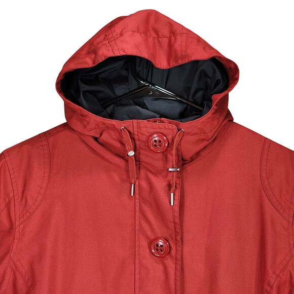 Marmot Trench Coat sz L Women Hooded Brick Red Lined Mid Length Lined Pockets - Picture 8 of 13